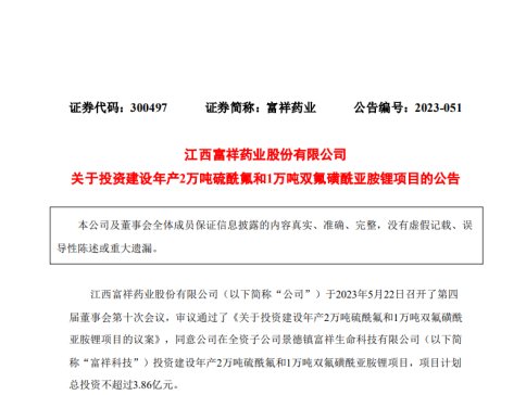 富祥藥業擬投建新型溶質鋰鹽項目 進一步完善電解液細分領域布局