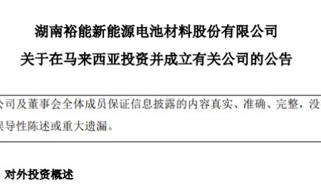 總投資9.5億元！湖南裕能擬在馬來西亞投建年產9萬噸鋰電正極材料項目
